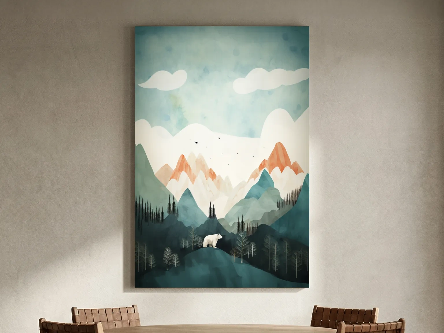 Whimsical Bear Alpine Mountain Landscape - Childrens Nursery Wall Art
