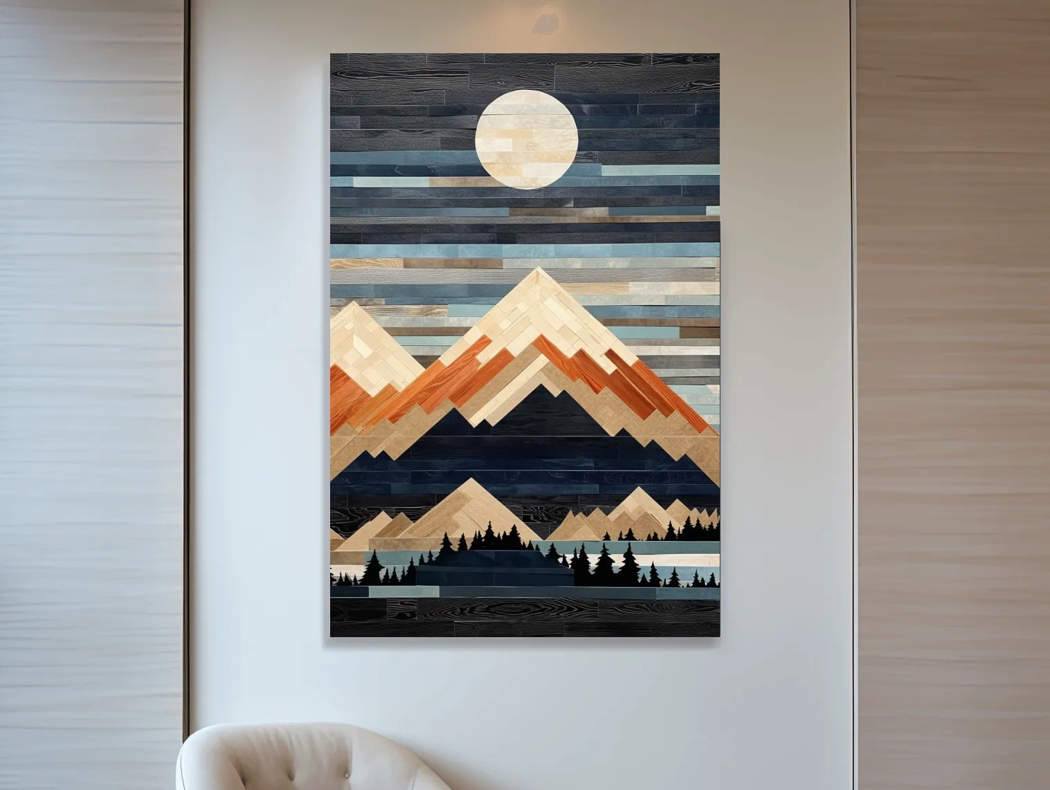 Geometric Wood Mosaic Mountain Range Under Full Moon - Modern Rustic Landscape Wall Art