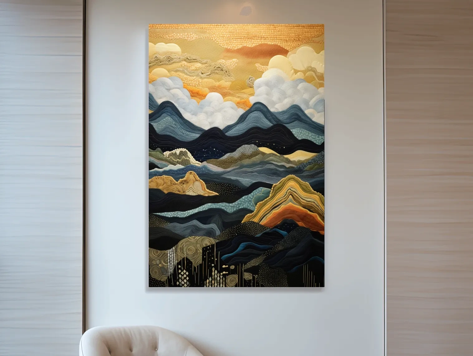 Layered Tapestry Mountain Range Sunrise - Abstract Mixed Media Landscape Wall Art