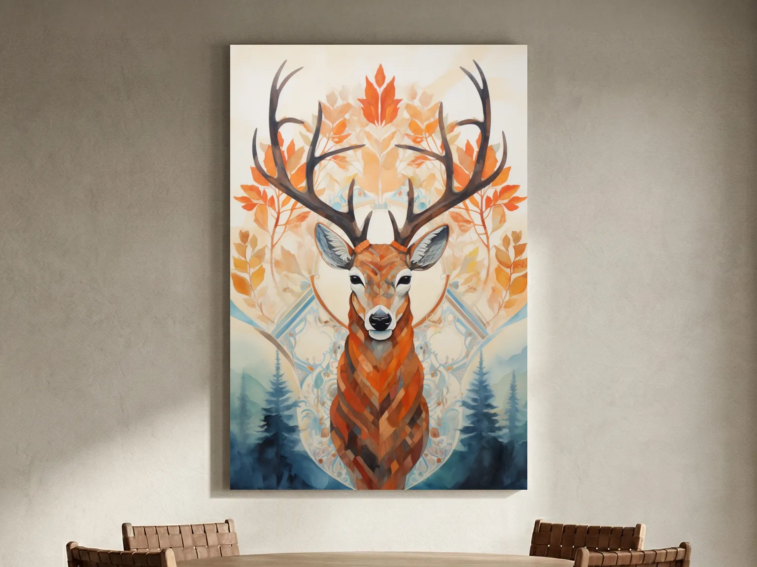 Ornate Stag Deer Watercolor Portrait - Autumn Woodland Wildlife Wall Art