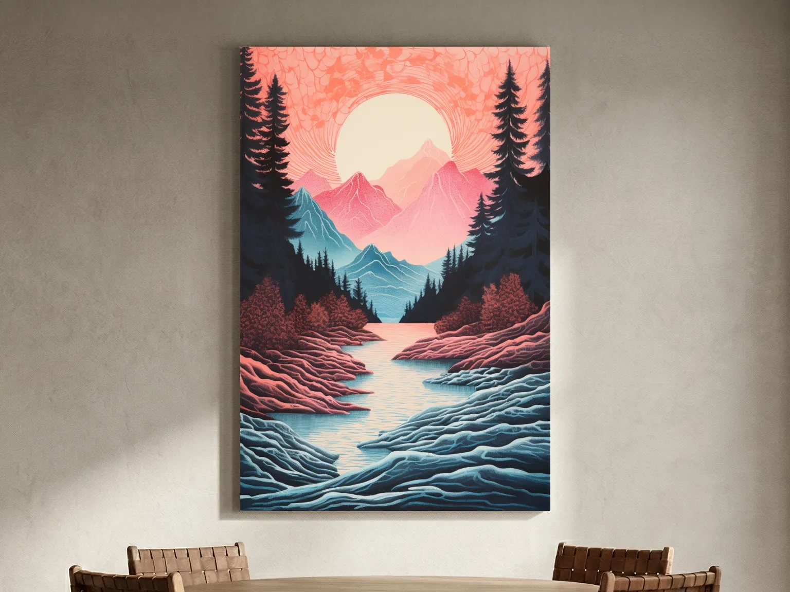  Risograph style illustration of an alpine valley at sunset 