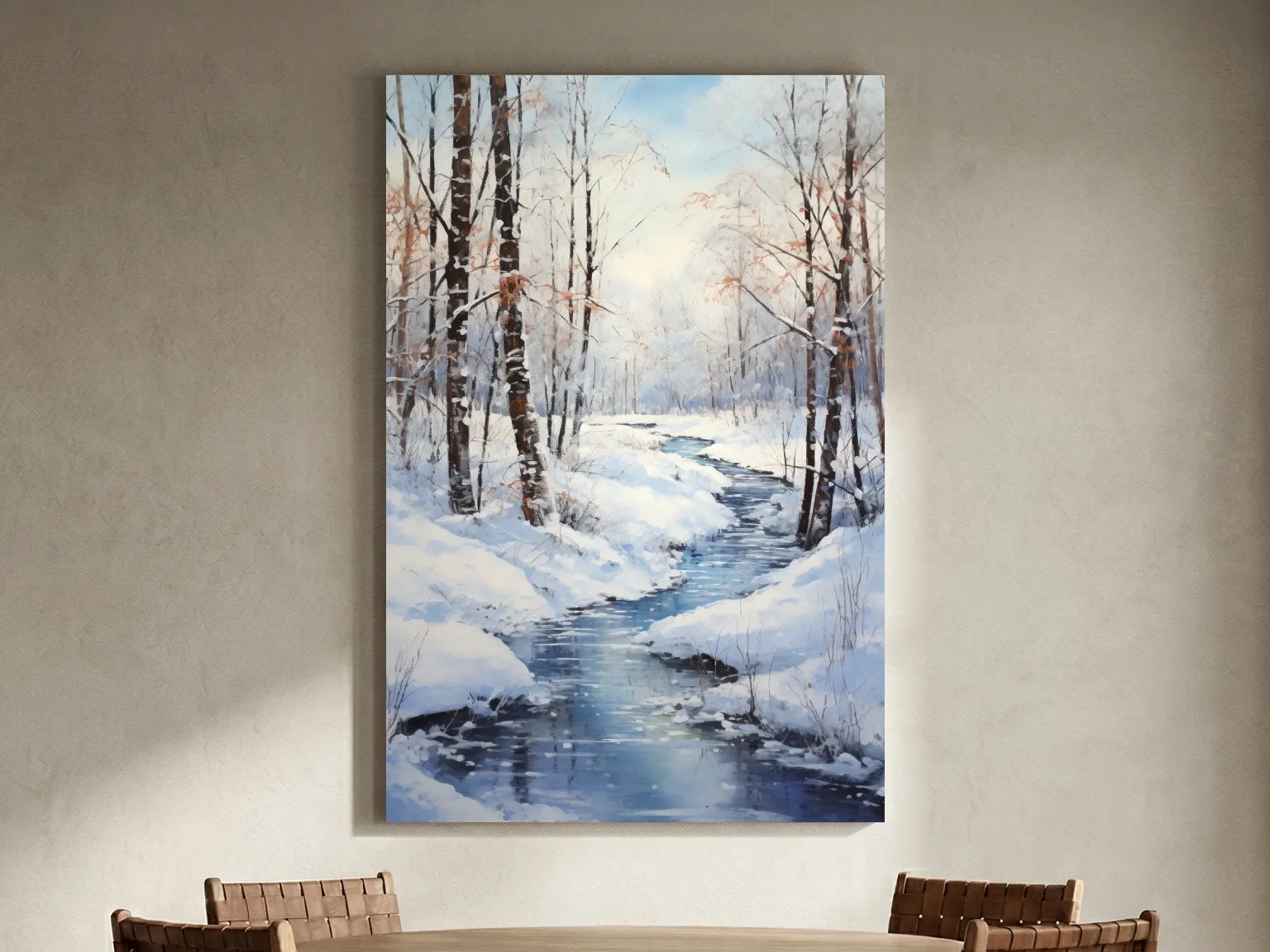 Serene Winter River Forest Painting - Snowy Woodland Wall Art