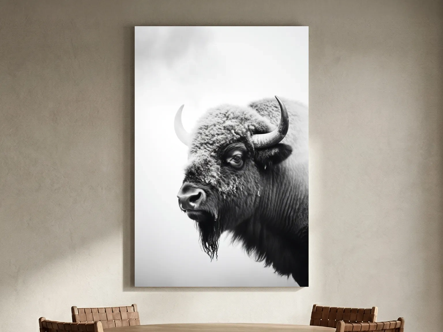 Moody Black And White Bison Portrait - Minimalist Photographic Wildlife Wall Art