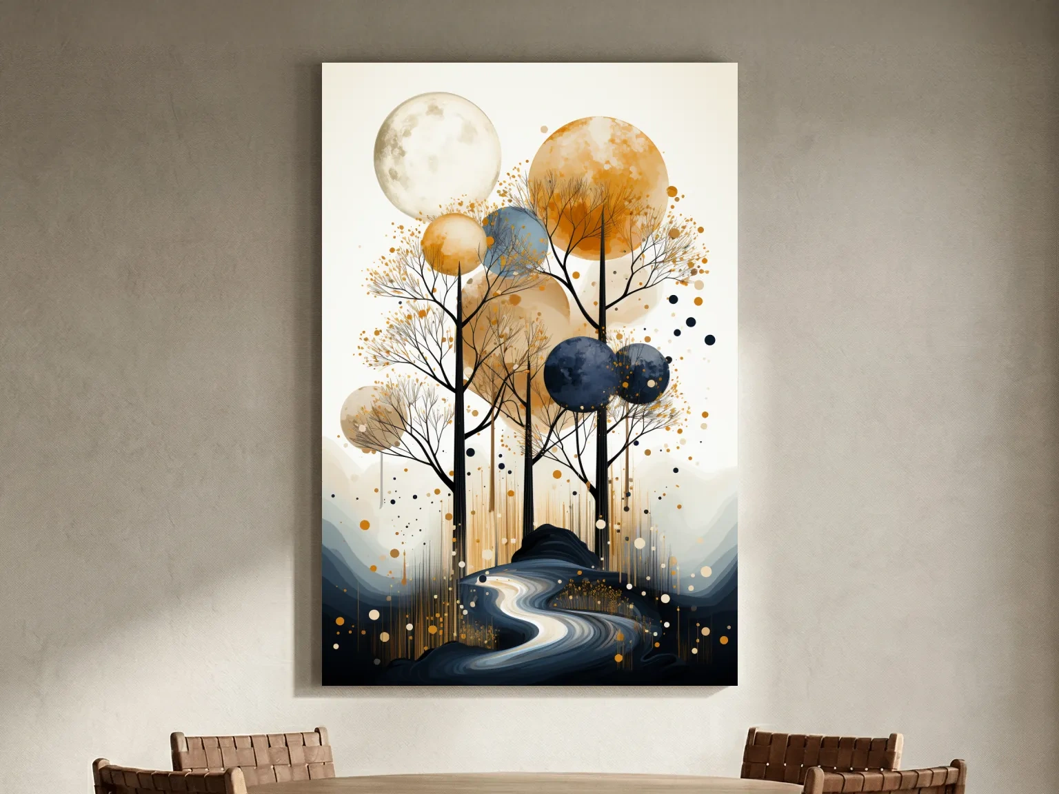 Surreal Golden Moonlit Forest River - Chic Boho Landscape Wall Art