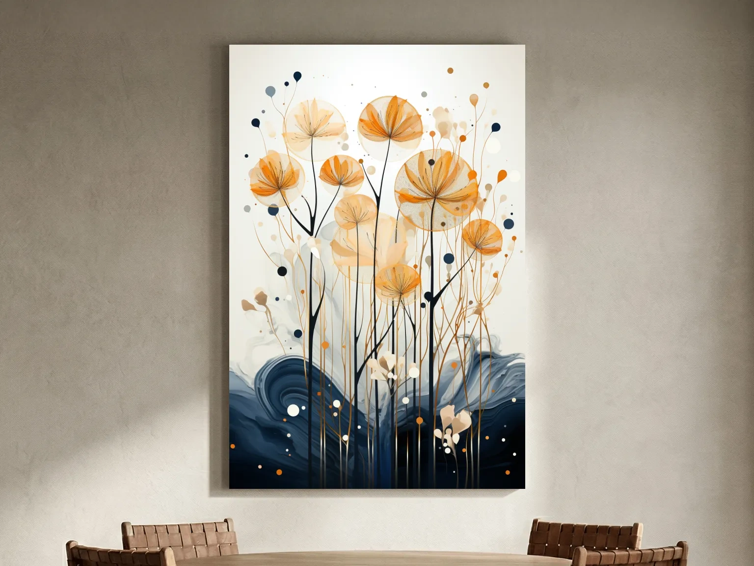 Abstract Golden Wildflower Ink Wash - Botanical Boho Wall Art