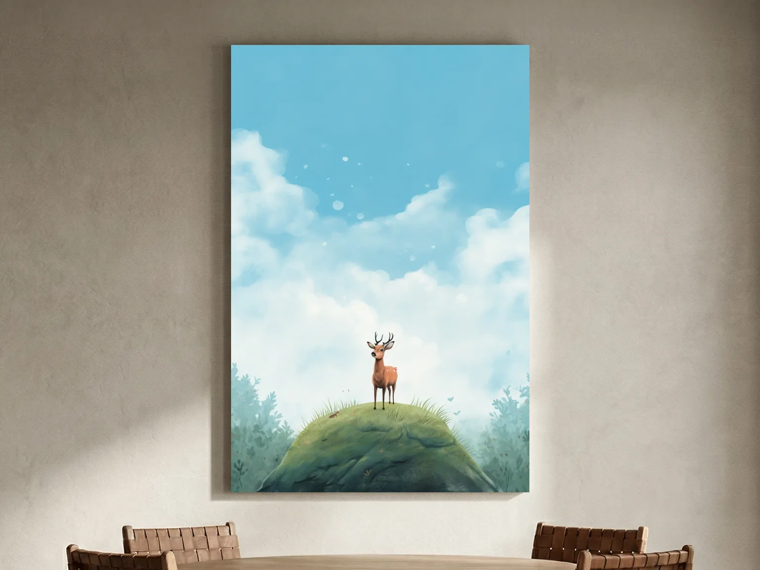Whimsical Watercolor Deer on Grassy Hill - Serene Woodland Nursery Wall Art