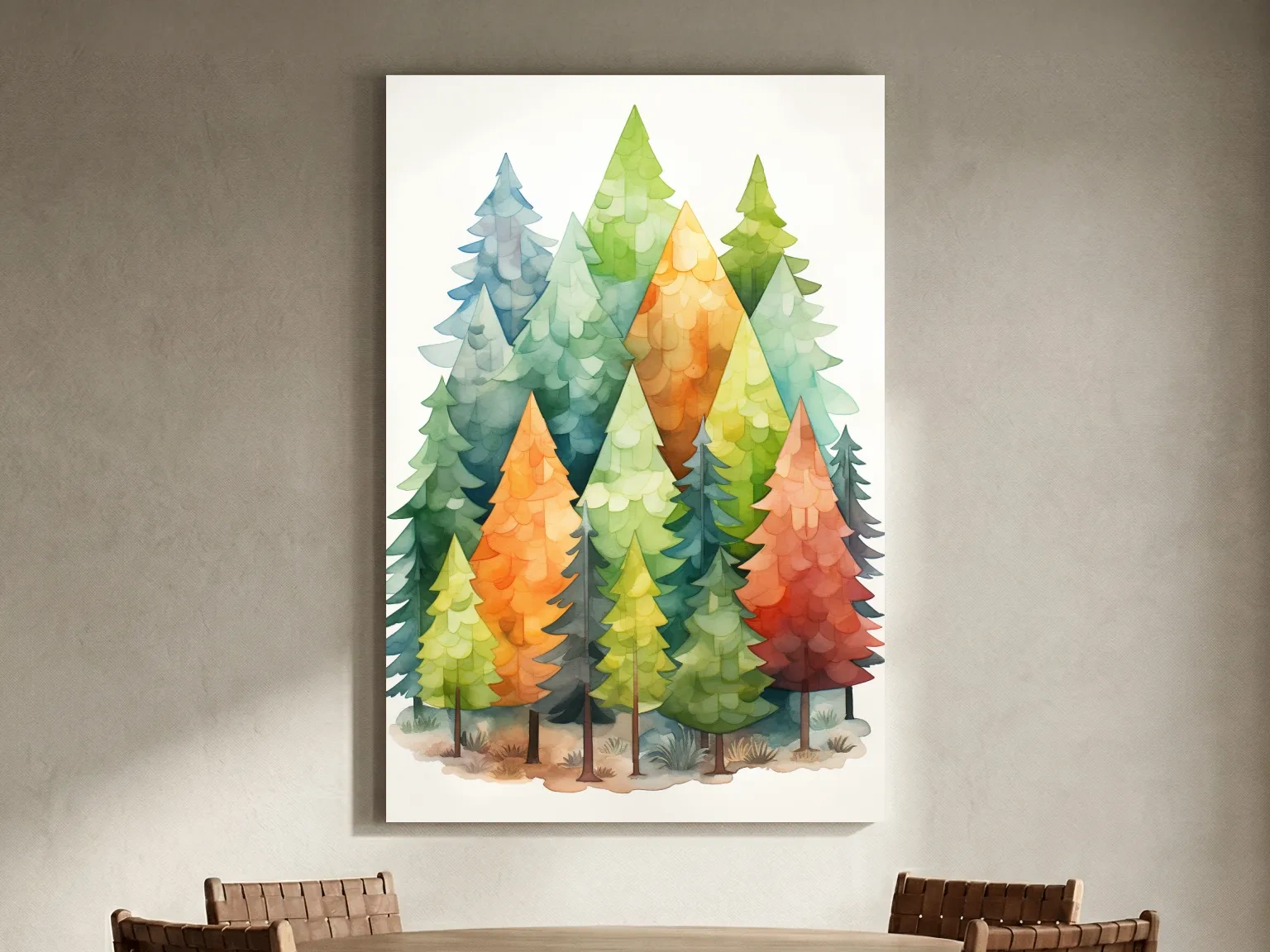 Whimsical Watercolor Pine Forest Illustration - Colorful Scandinavian Nature Wall Art