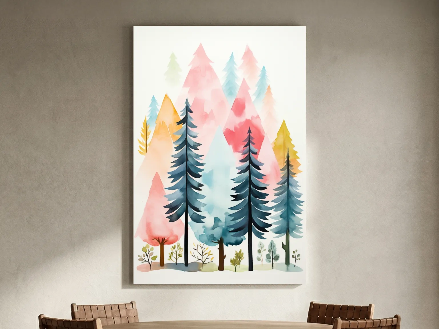 Pastel Watercolor Pine Forest - Colorful Scandinavian Nature Wall Art
