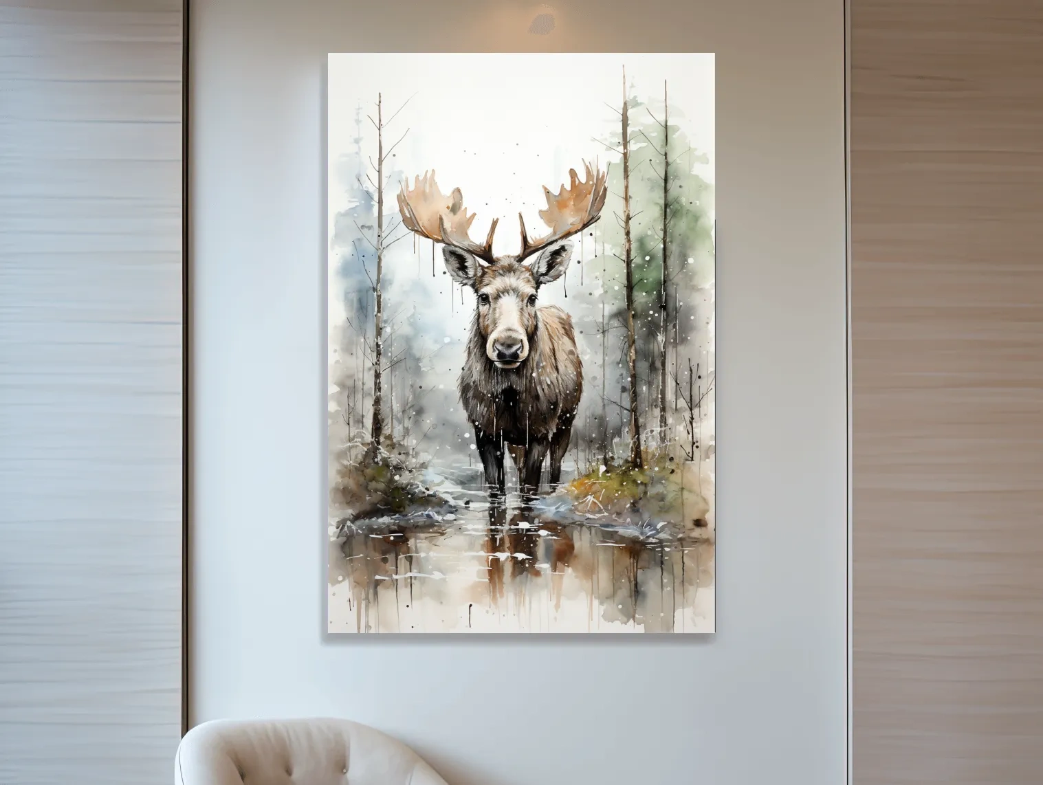 Watercolor painting of a moose in a forest lake