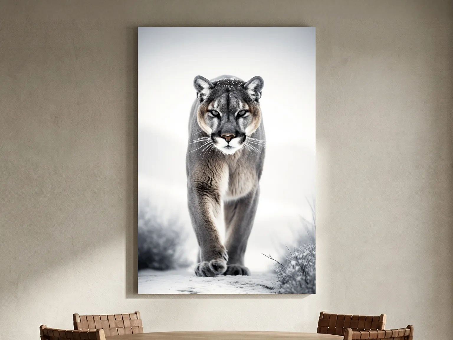 Snowy Cougar Close Up Wildlife Portrait - Winter Nature Wall Art