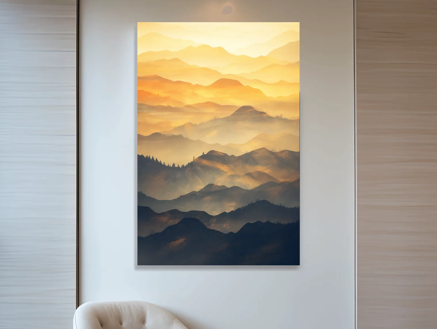 Golden Misty Mountain Ranges Landscape - Serene Layered Sunrise Artwork
