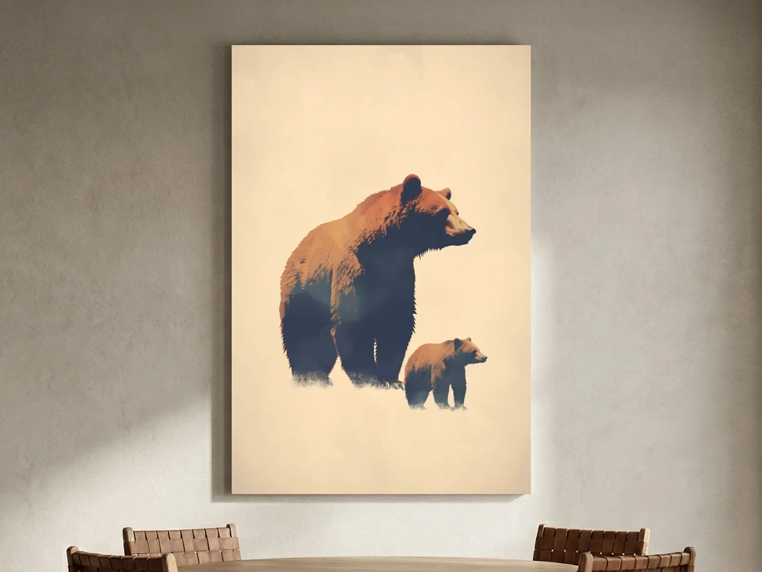 Minimalist Grizzly Bear Mother And Cub Artwork - Neutral Wildlife Wall Art