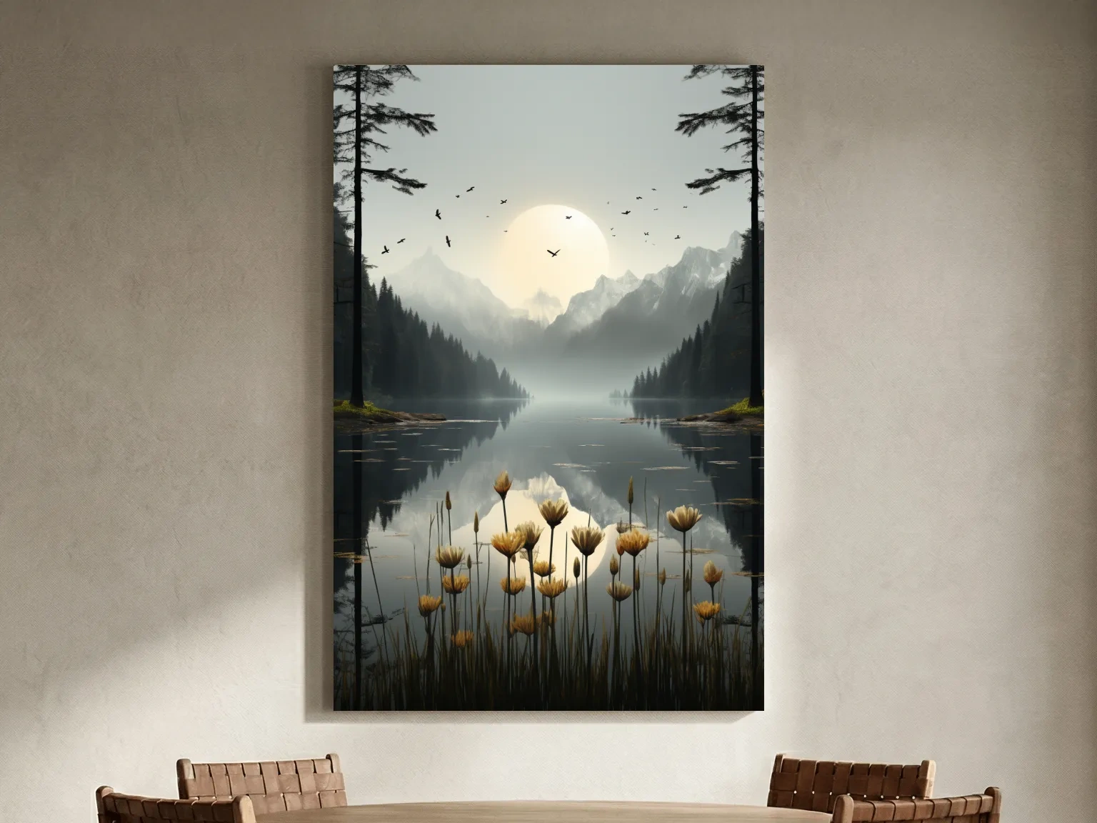 Misty Alpine Lake Sunrise With Wildflowers - Serene Mountain Landscape Wall Art