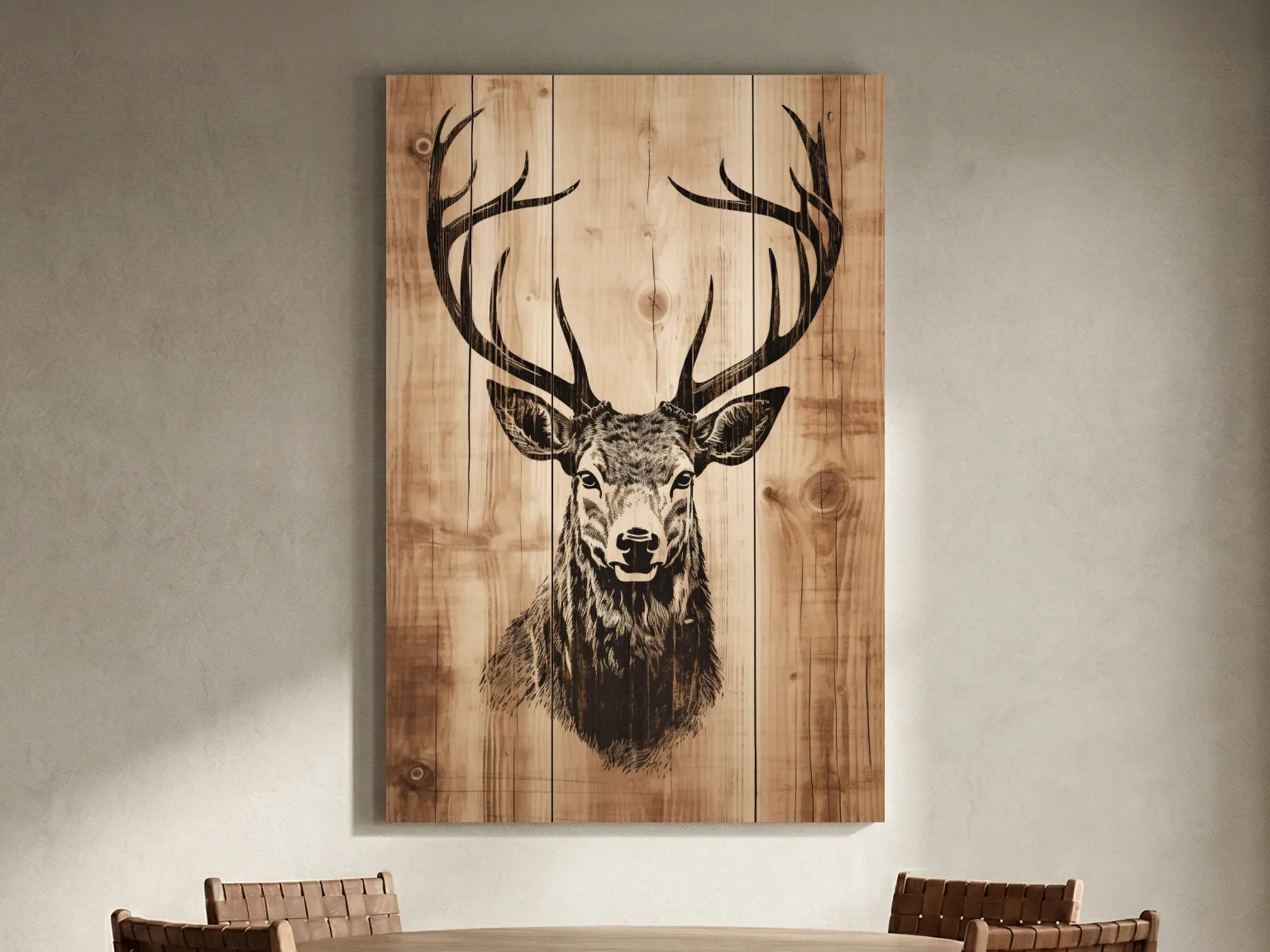 Rustic Deer Head Woodburn Style Portrait - Lodge Cabin Wildlife Wall Art
