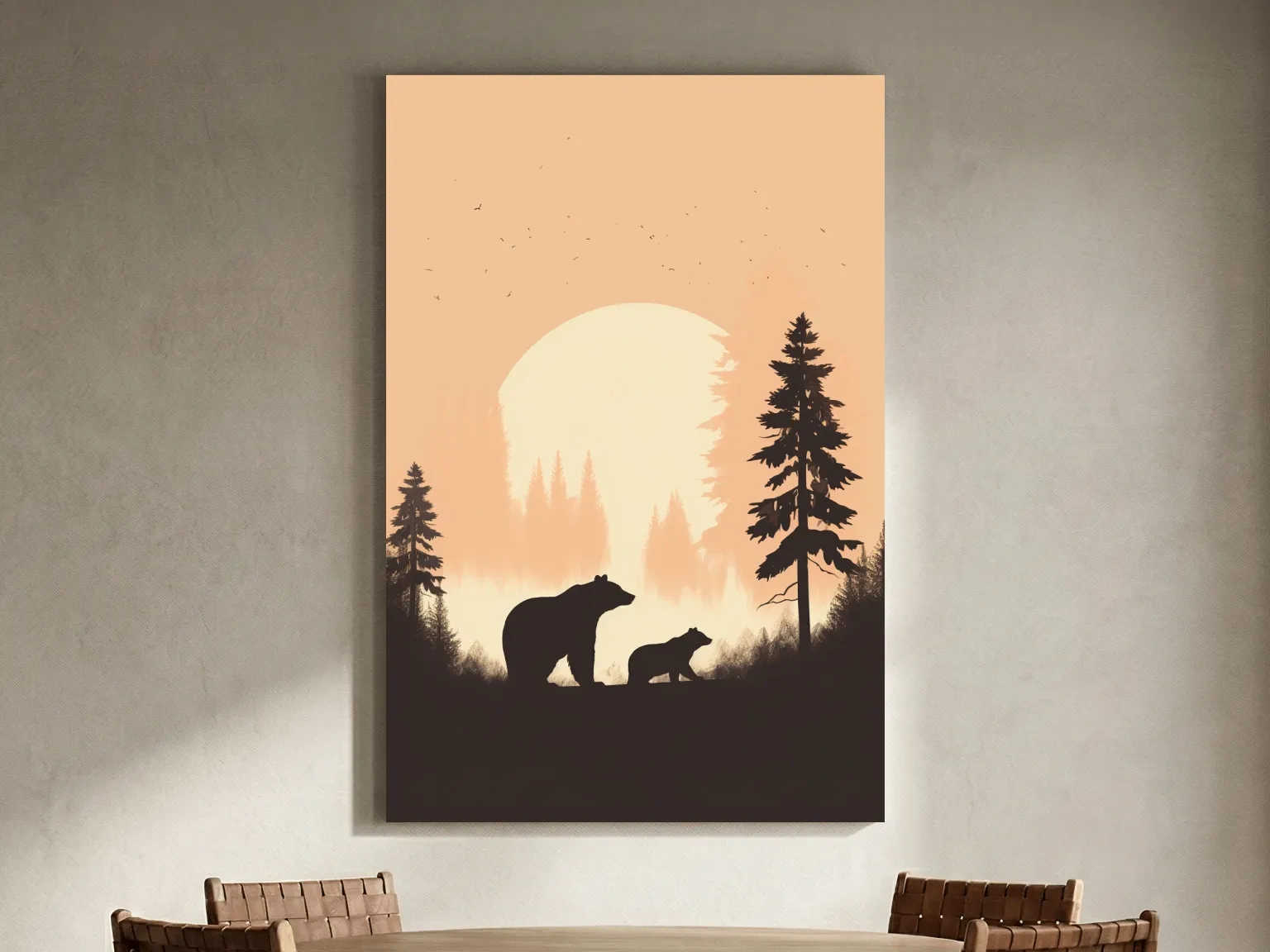 Momma Bear & Cub Silhouettes At Sunset - Minimalist Forest Wildlife Wall Art