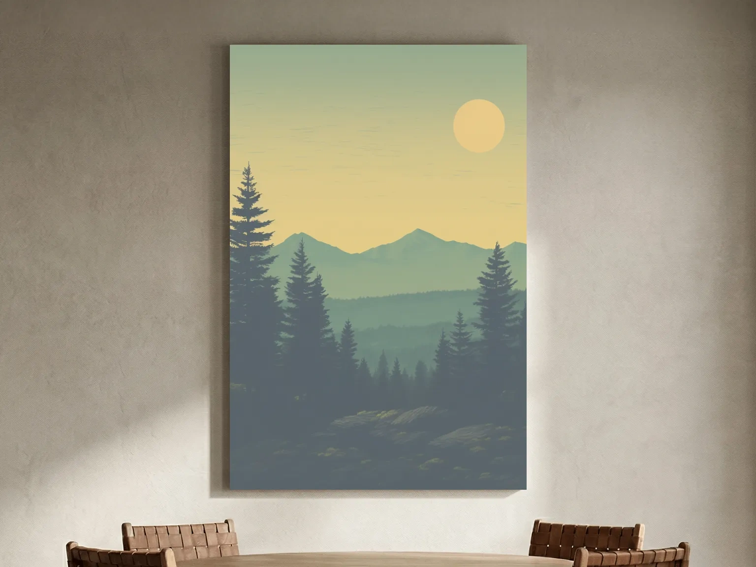 Minimalist Hazy Mountain Sunrise Landscape - Serene Alpine Forest Wall Art