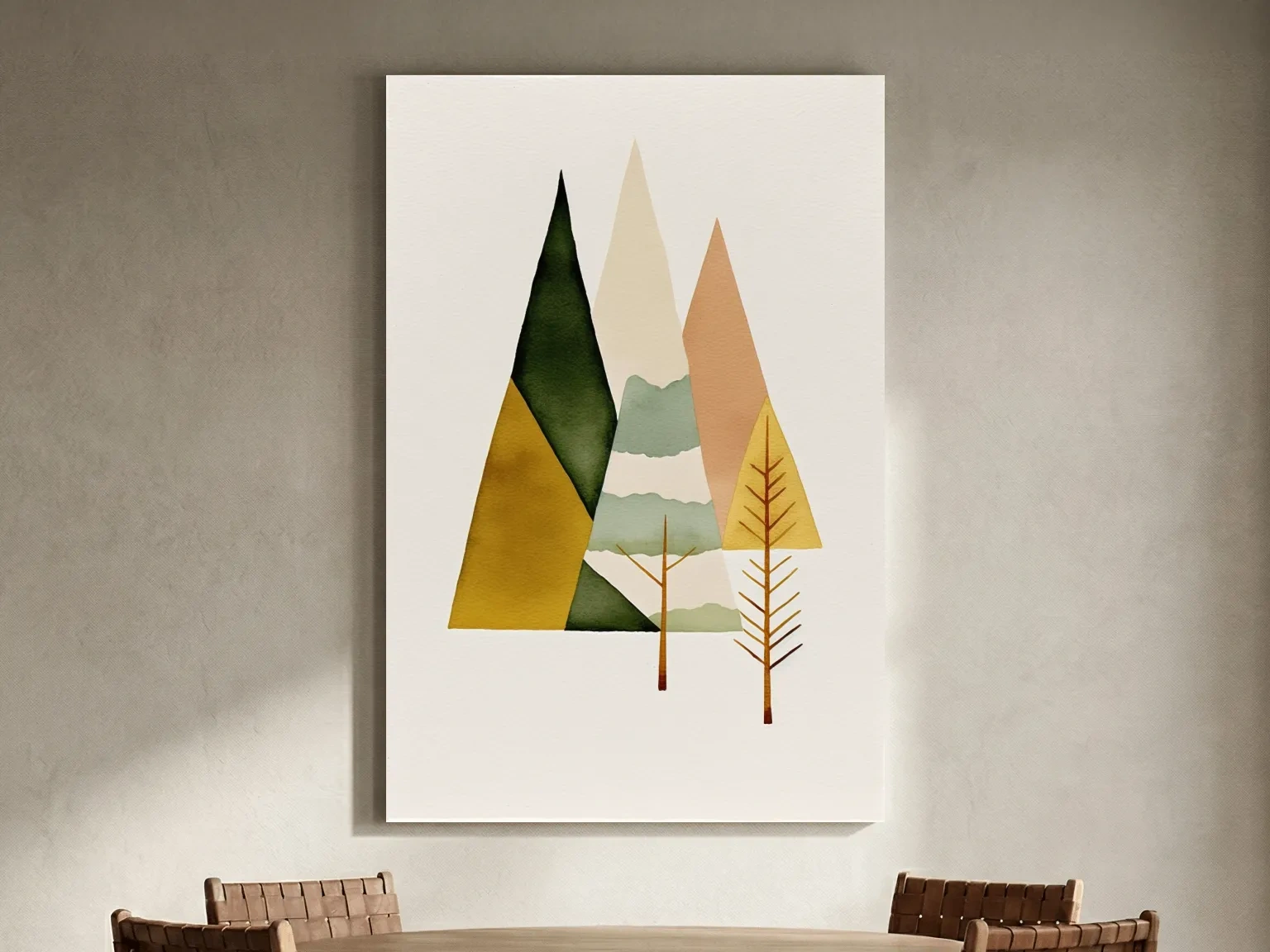 Minimalist Scandinavian Geometric Mountains - Modern Watercolor Forest Landscape Wall Art