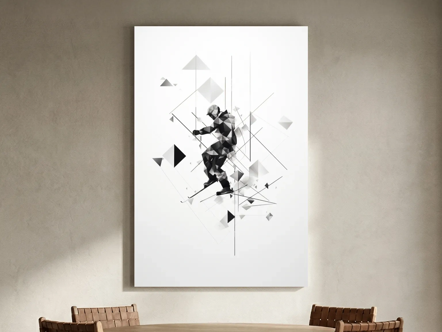 Monochrome Geometric Skier Silhouette - Abstract Winter Sports Wall Art