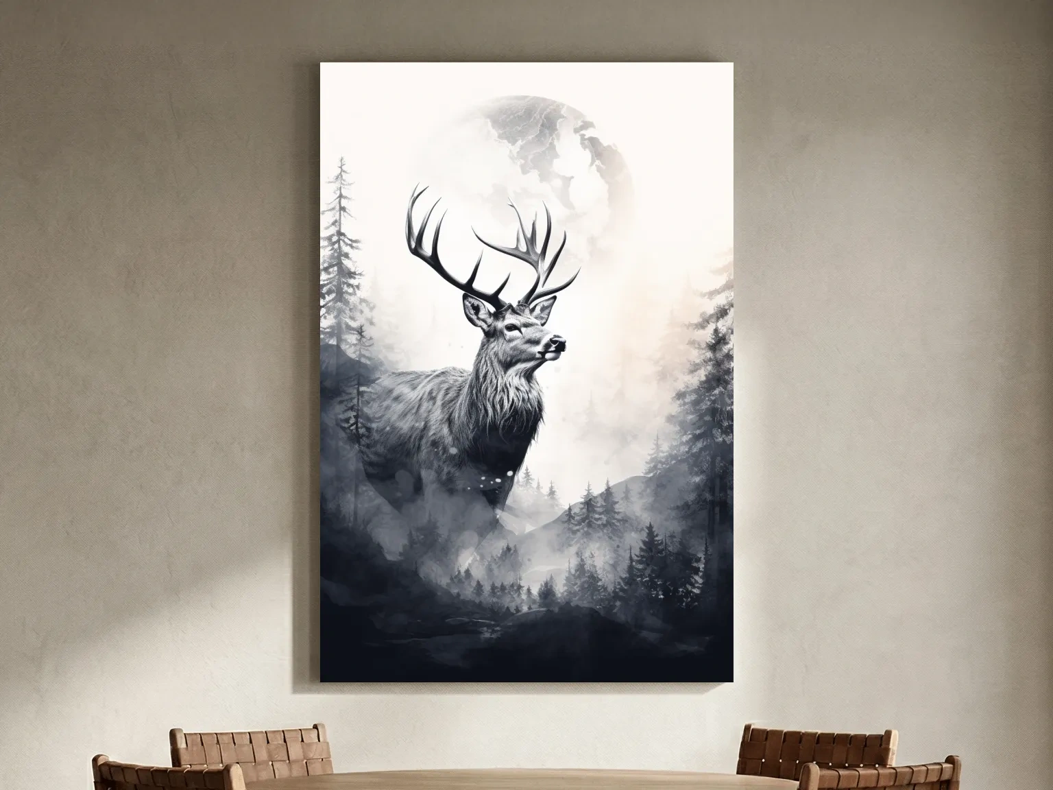 Majestic Stag In Misty Moonlit Forest - Double Exposure Wildlife Wall Art