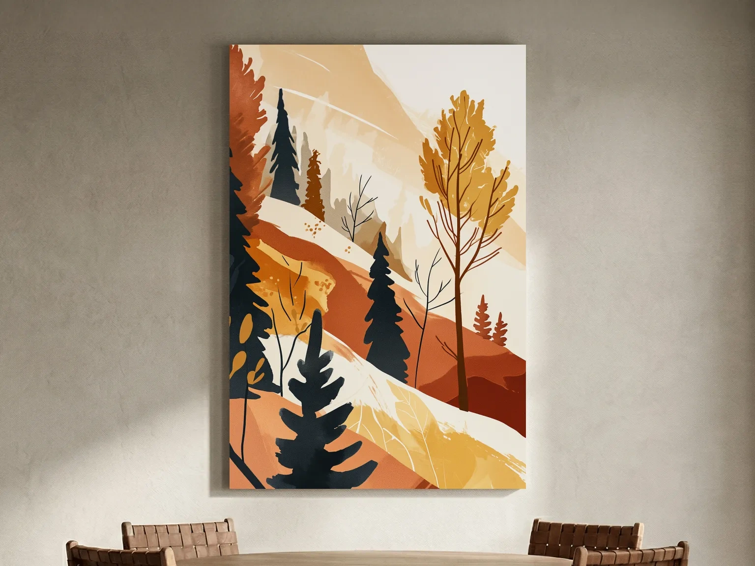 Minimalist Autumn Mountain Forest Landscape - Warm Scandinavian Wall Art