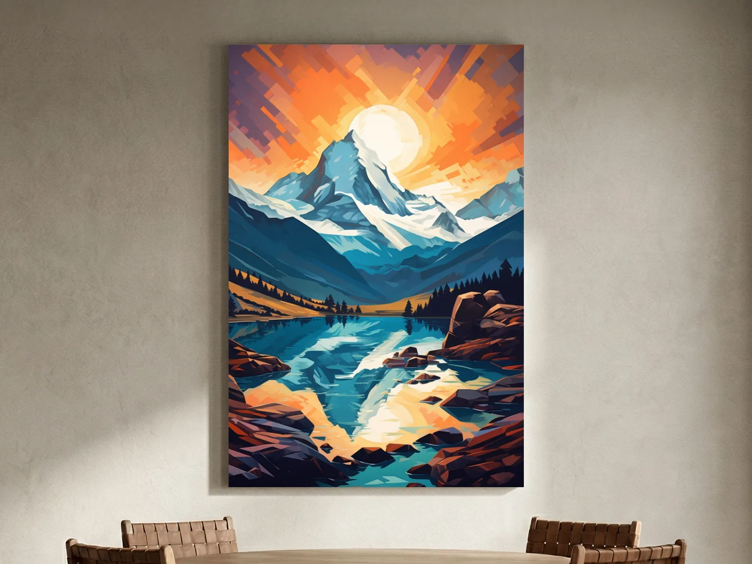 Sunset over the alpine glaciers, vector mountain art