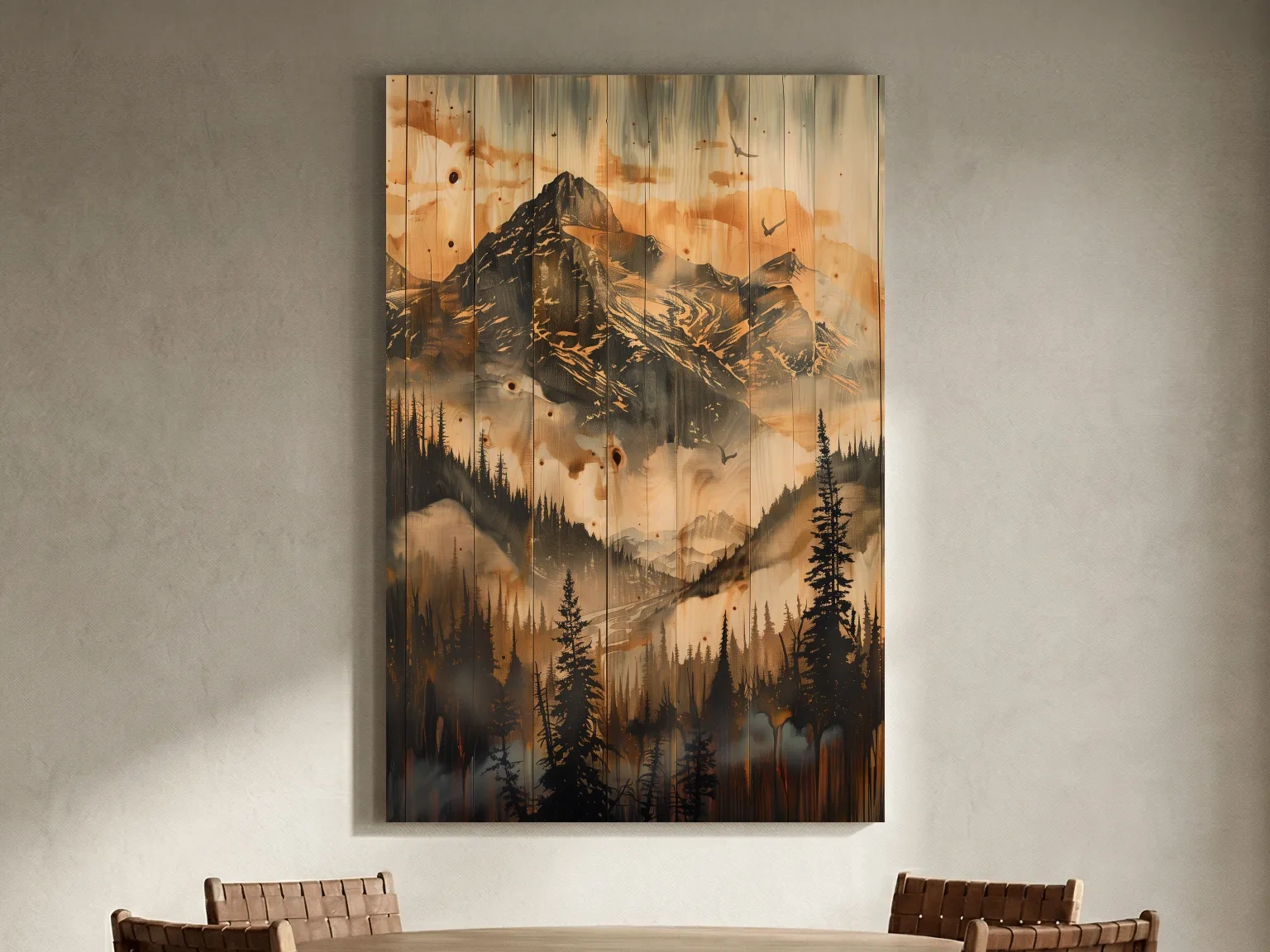 Rustic Woodgrain Mountain Landscape Painting - Sepia Misty Pine Forest Wall Art