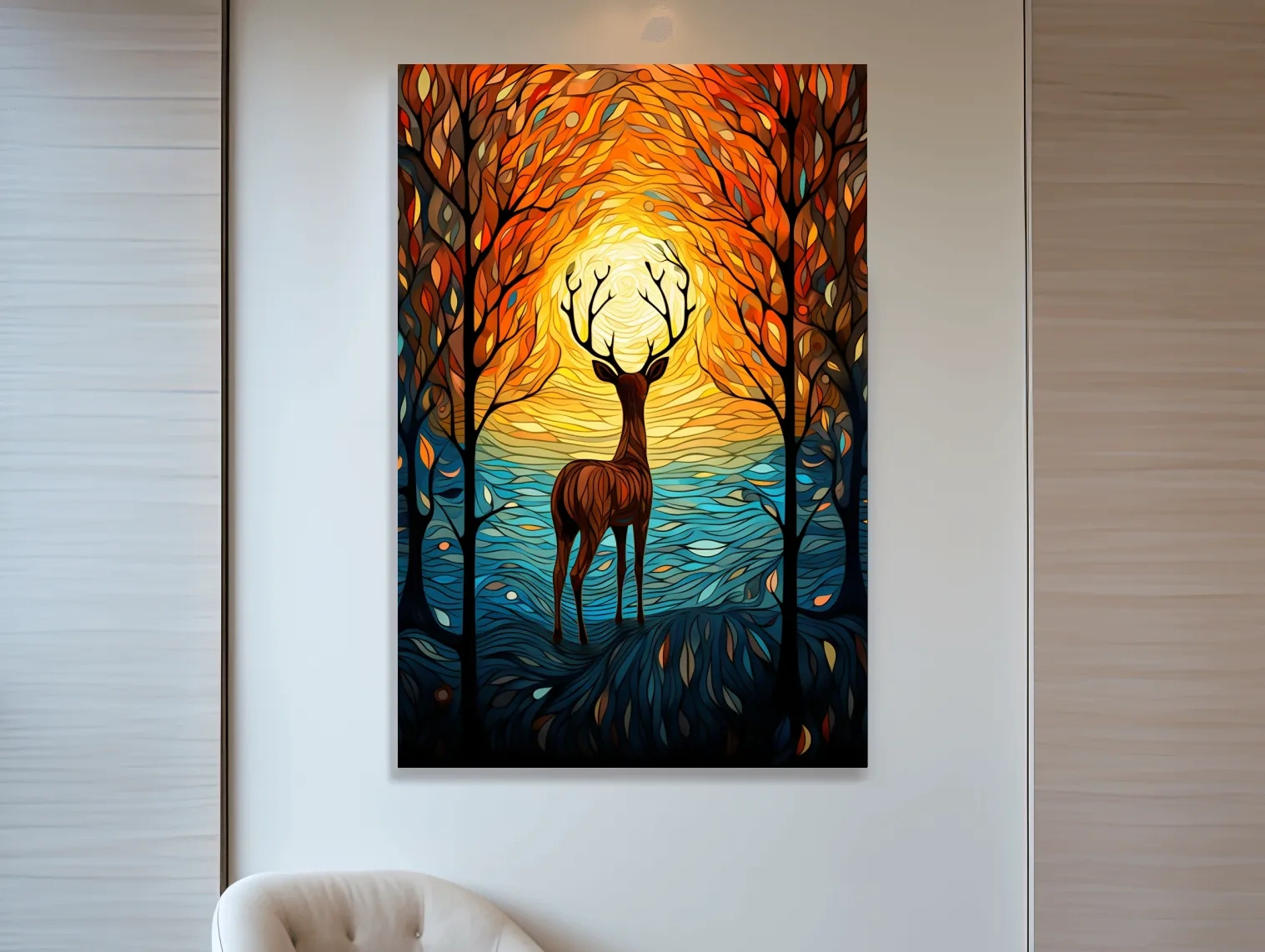 Glowing Autumn Forest Deer Silhouette - Vibrant Stained Glass Style Wall Art