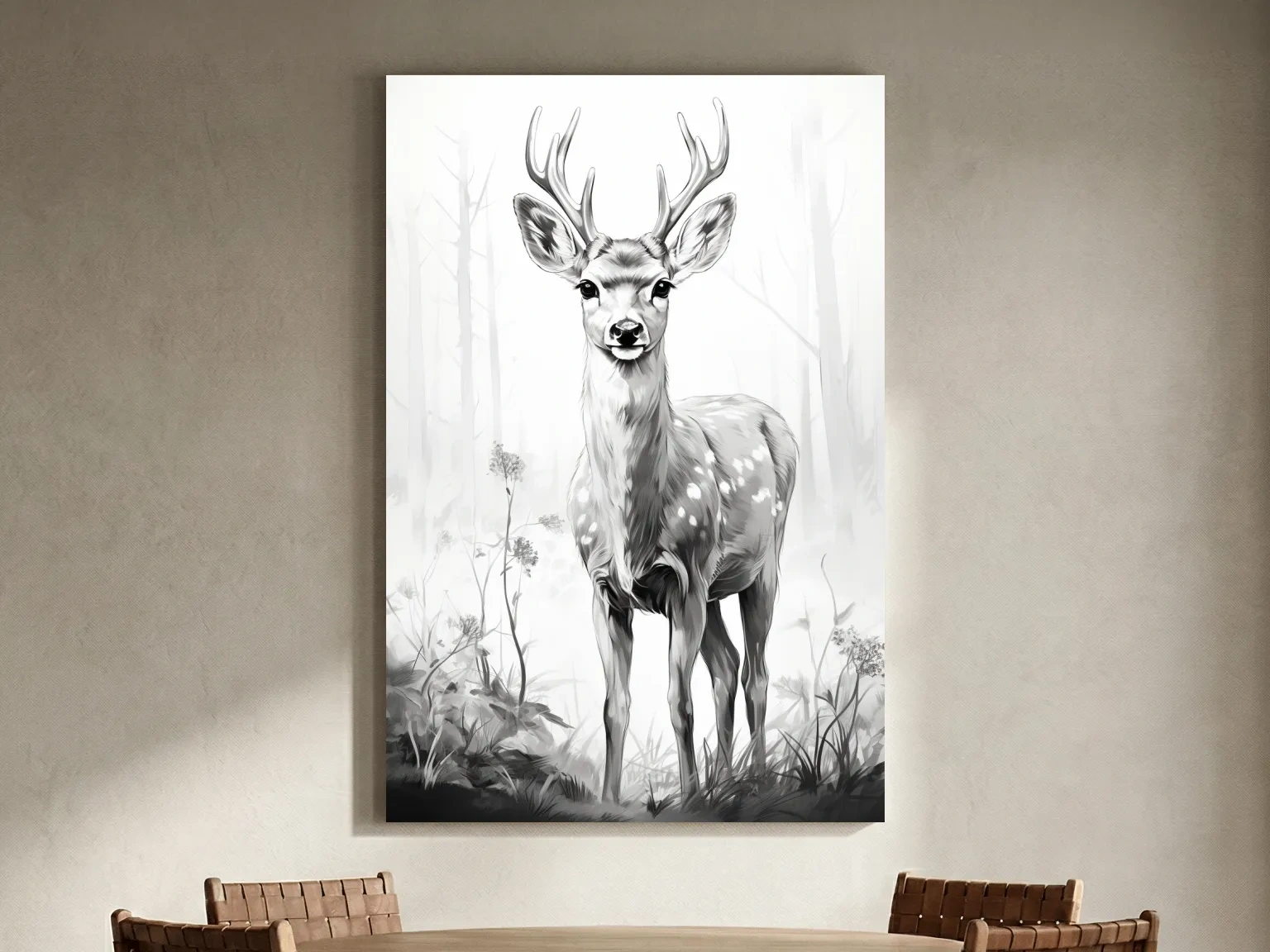 Minimalist Black And White Deer Sketch - Woodland Wildlife Wall Art