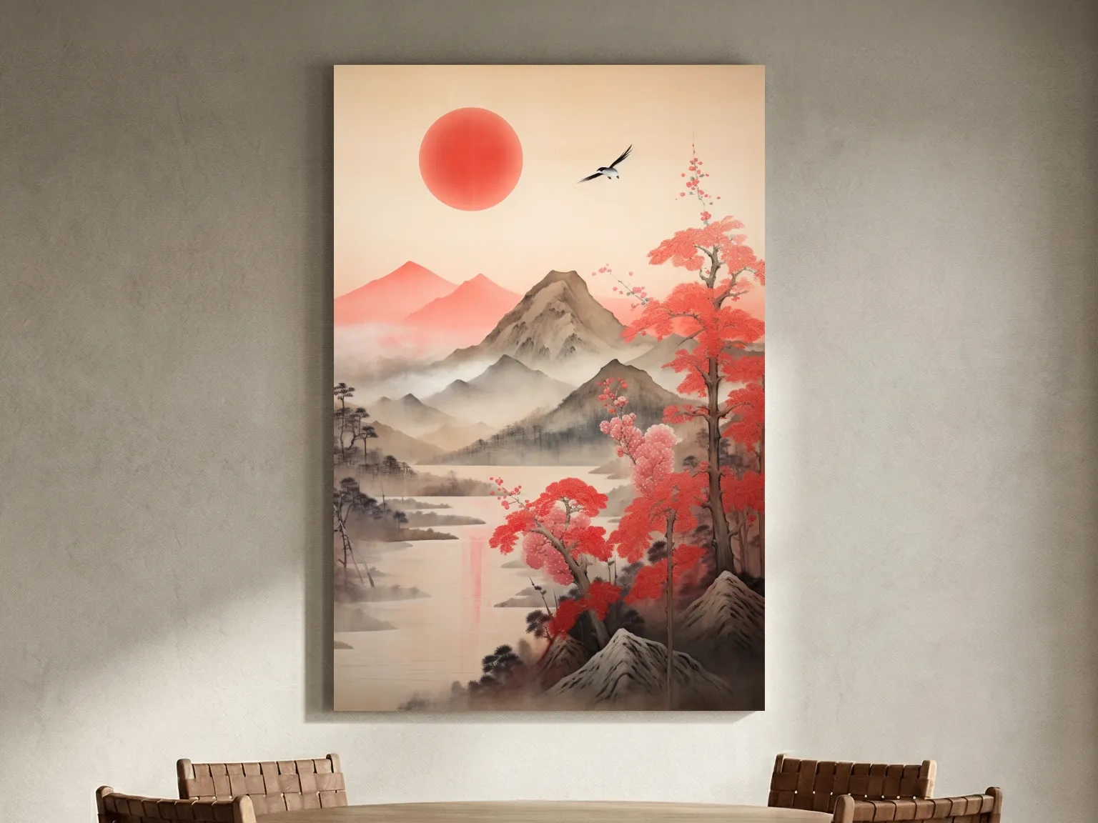 Japanese Ink Wash Mountain Sunrise - Sakura Cherry Blossom Wall Art
