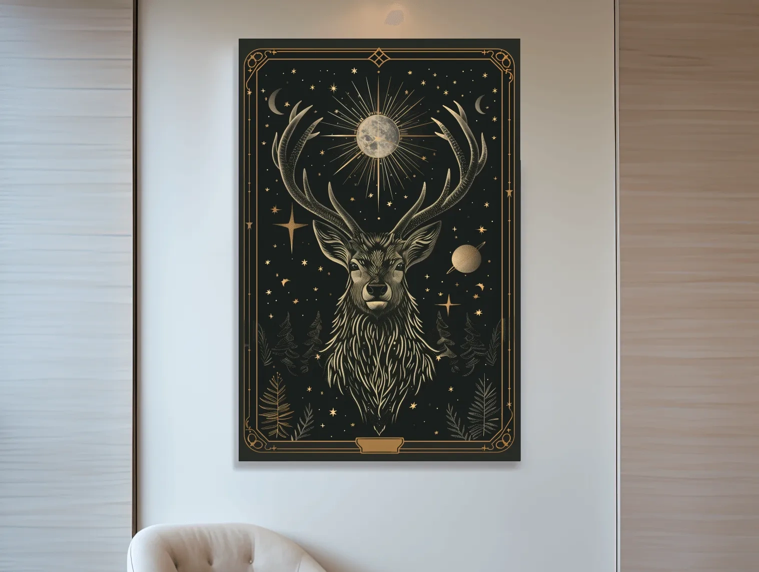 Elegant deer head tarot card style art, planetary solar system