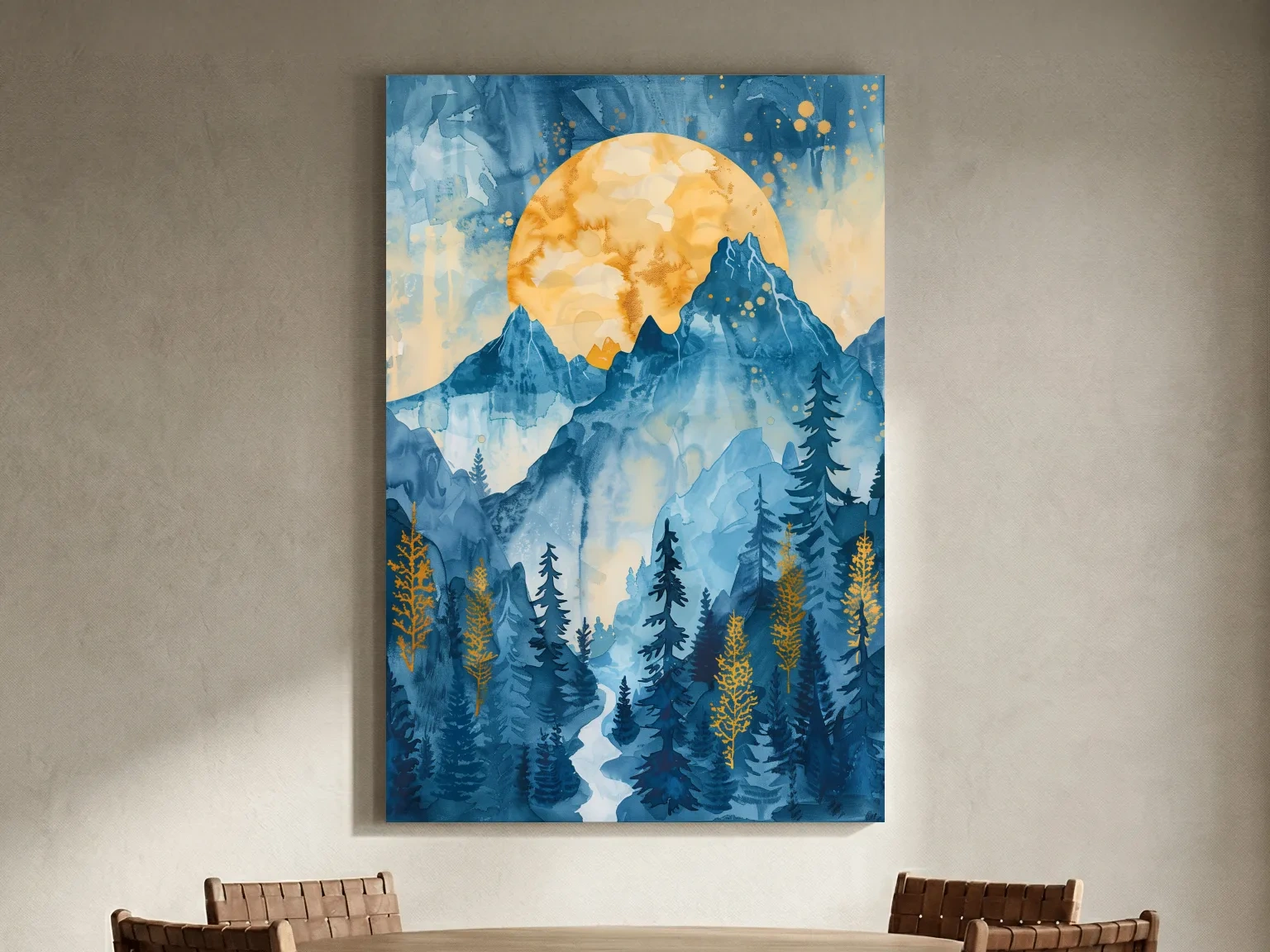 Alpine Sunset Watercolor Painting - Mountain Forest Landscape Wall Art
