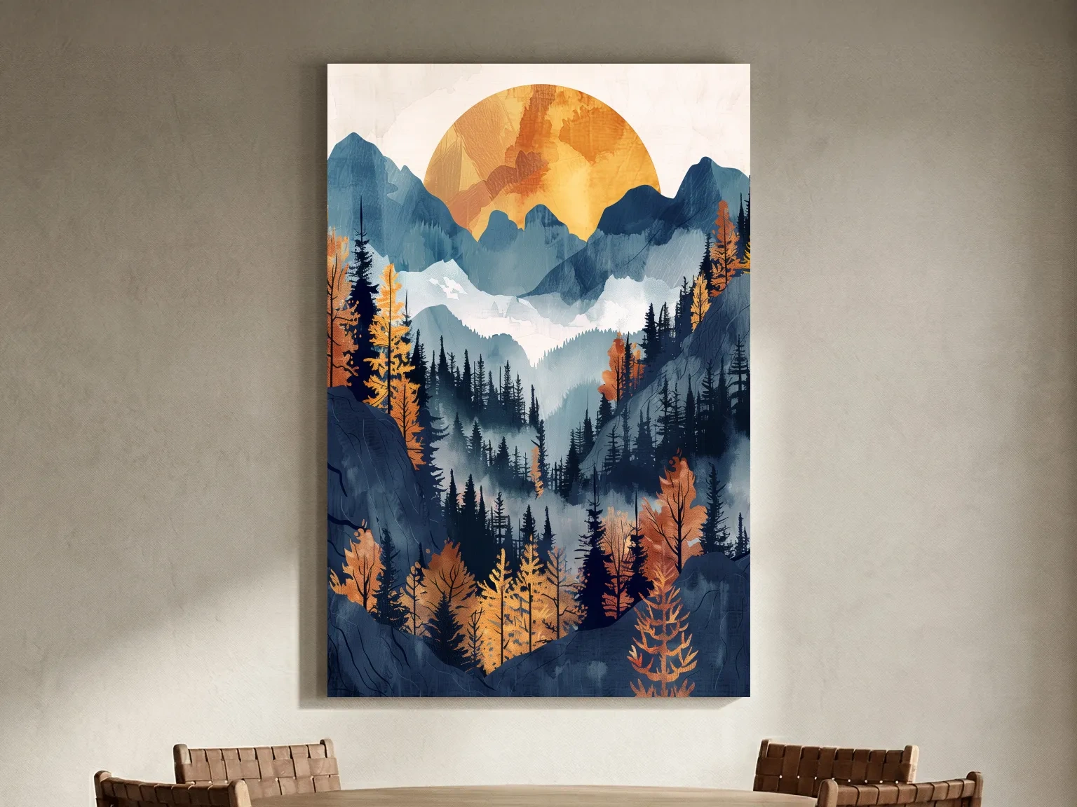 Foggy Autumn Alpine Forest Sunset - Modern Watercolor Mountain Wall Art