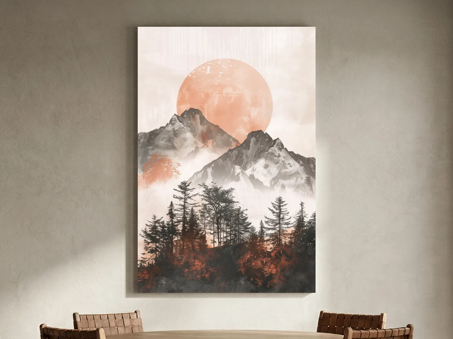 Japandi Mountain Sunrise With Pine Forest - Minimalist Watercolor Landscape Art