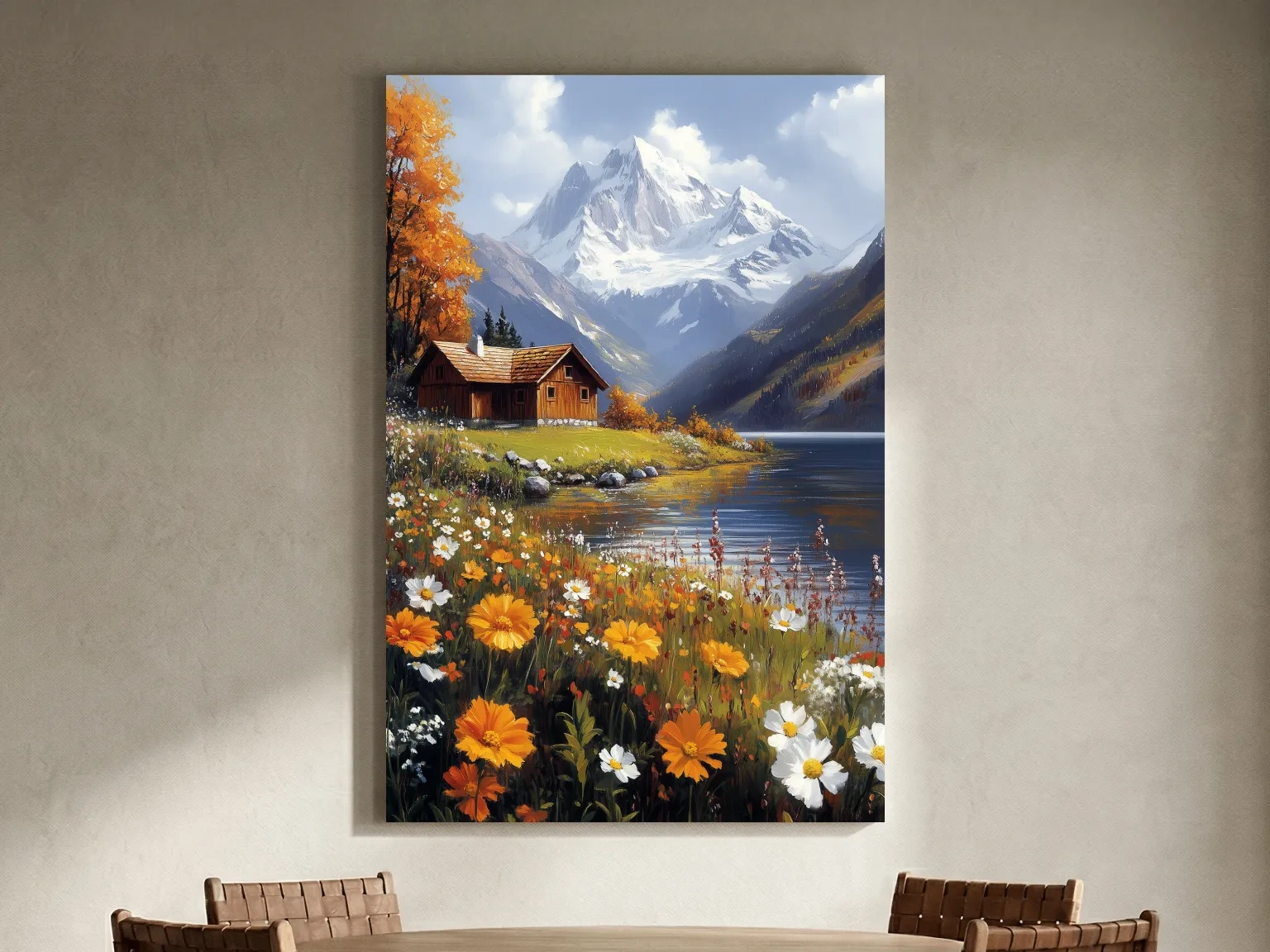 Autumn Alpine Lake Cabin Impressionist Painting - Snowcapped Mountain Wildflower Wall Art
