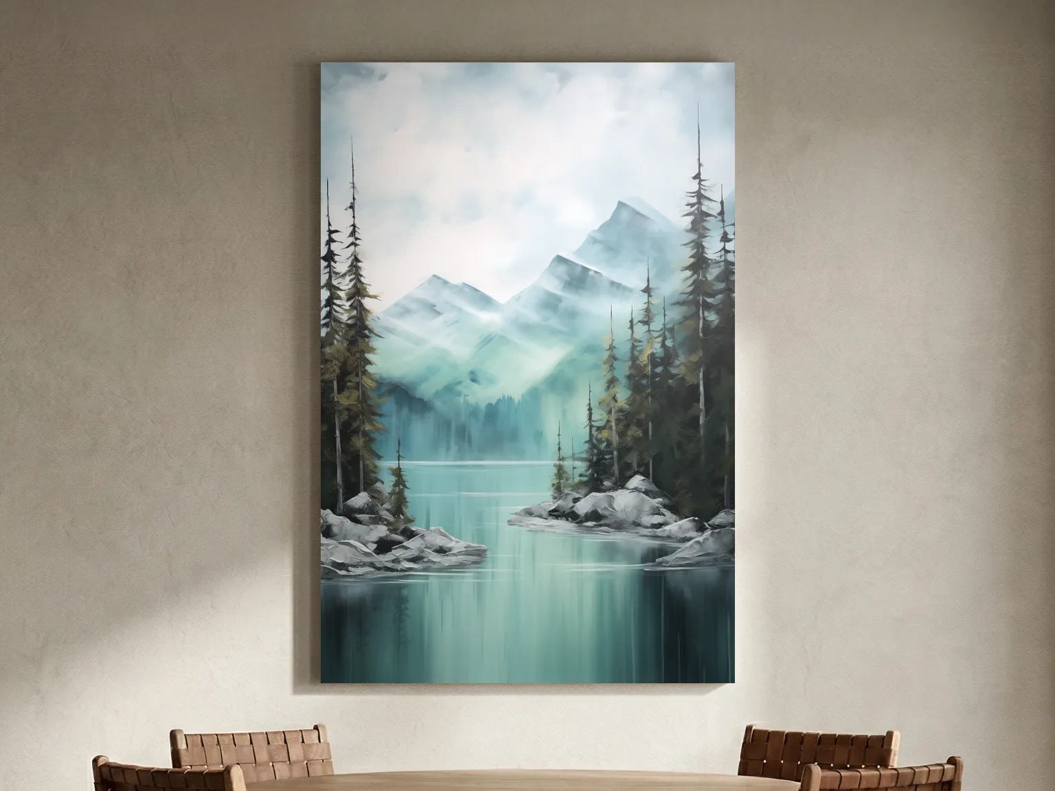 Misty Turquoise Mountain Lake Landscape - PNW Watercolor Forest Wall Art