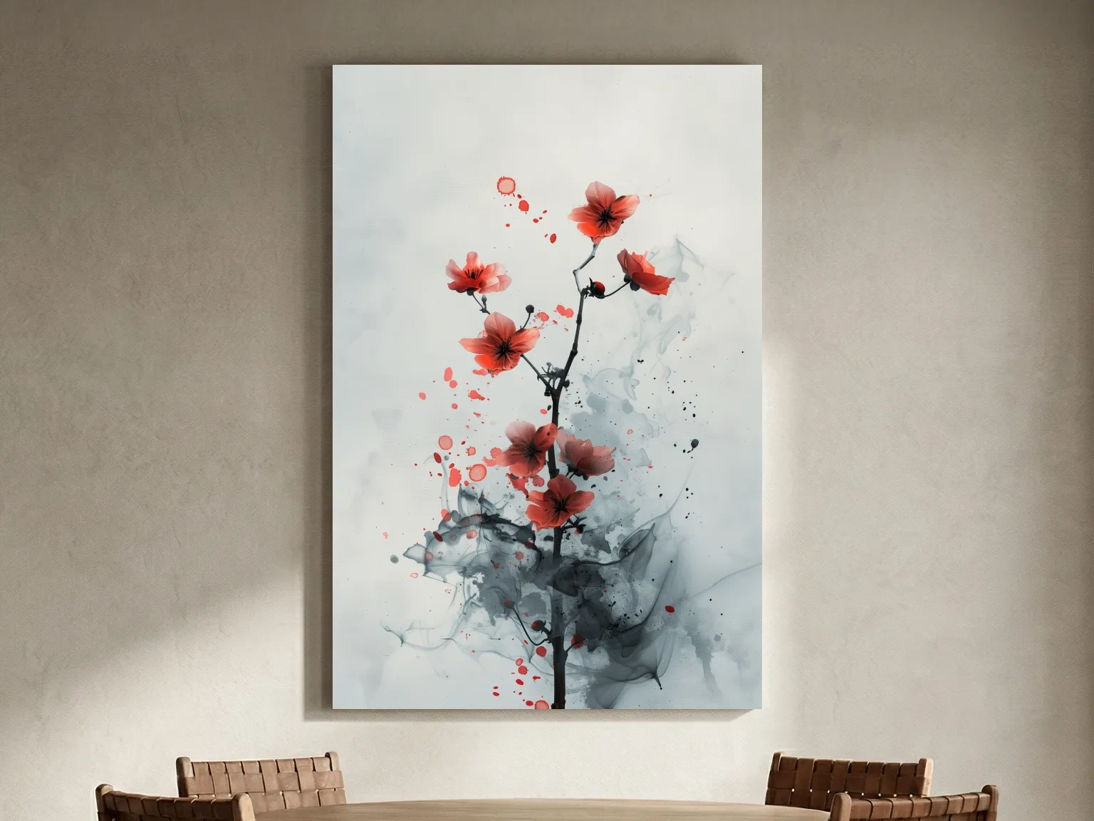 Red Cherry Blossom Ink Wash Painting - Minimalist Floral Wall Art