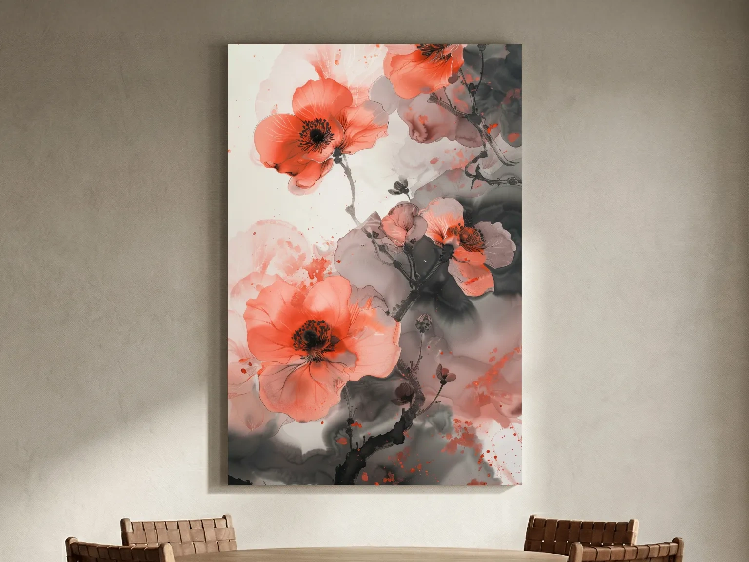 Poppy Blossom Ink Wash Painting - Floral Botanical Watercolor Artwork