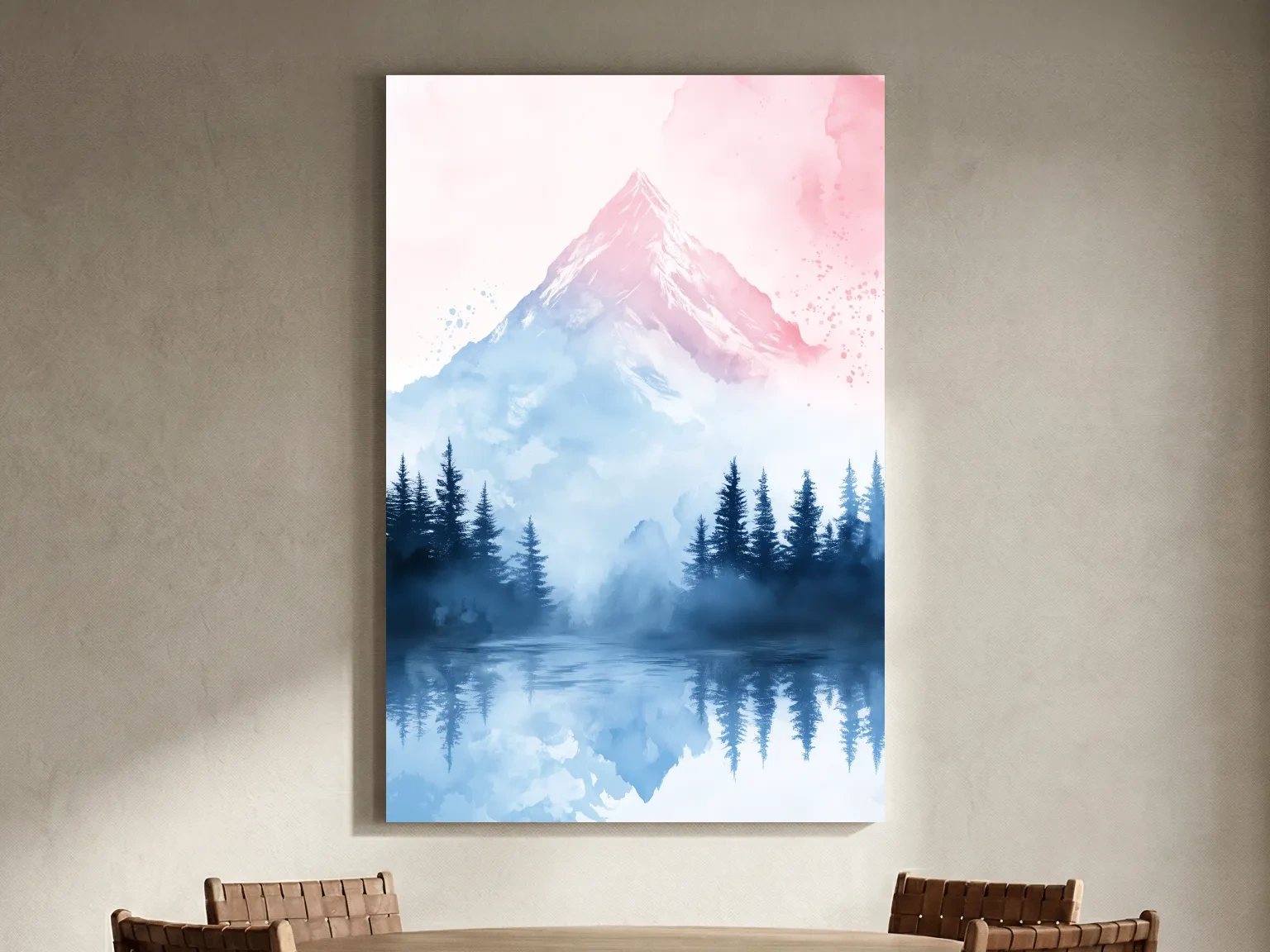 Dreamy Watercolor Alpine Lake Reflection - Pastel Forest Wall Art