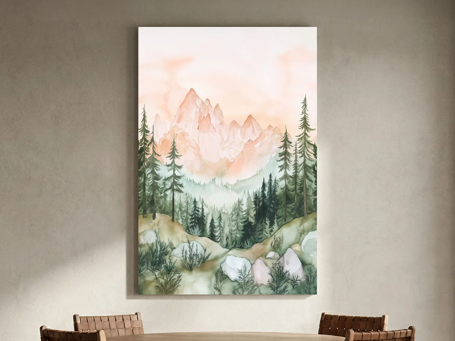 Pastel Watercolor Mountain Peaks & Pine Forest - Serene Alpine Landscape Artwork