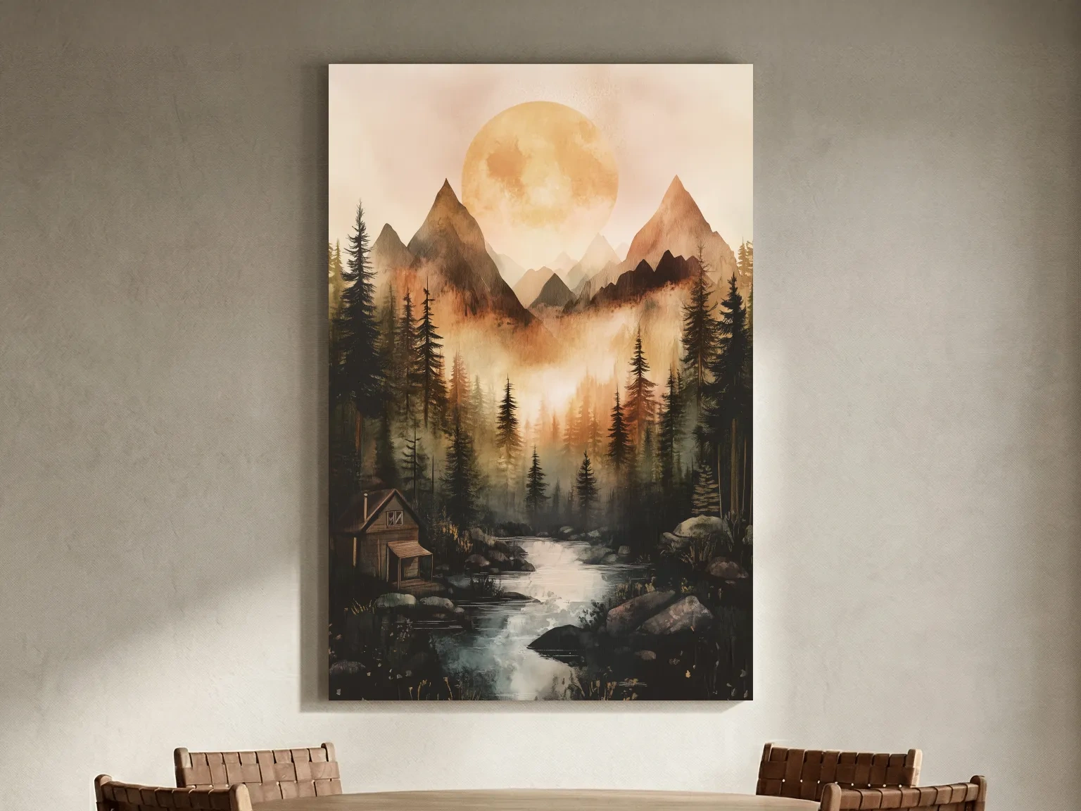 Misty Mountain River Cabin Watercolor - Rustic Forest Wall Art