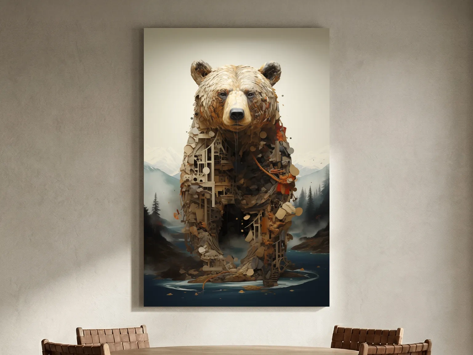 Surreal Grizzly Bear Collage Illustration - MC Escher Style Wildlife Wall Art
