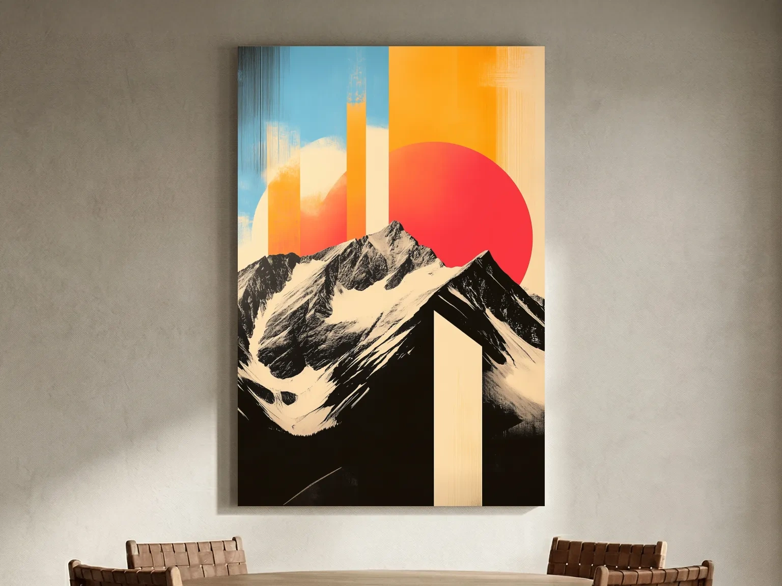 Retro Snowcapped Mountain Sunset Collage - Modern Geometric Landscape Wall Art