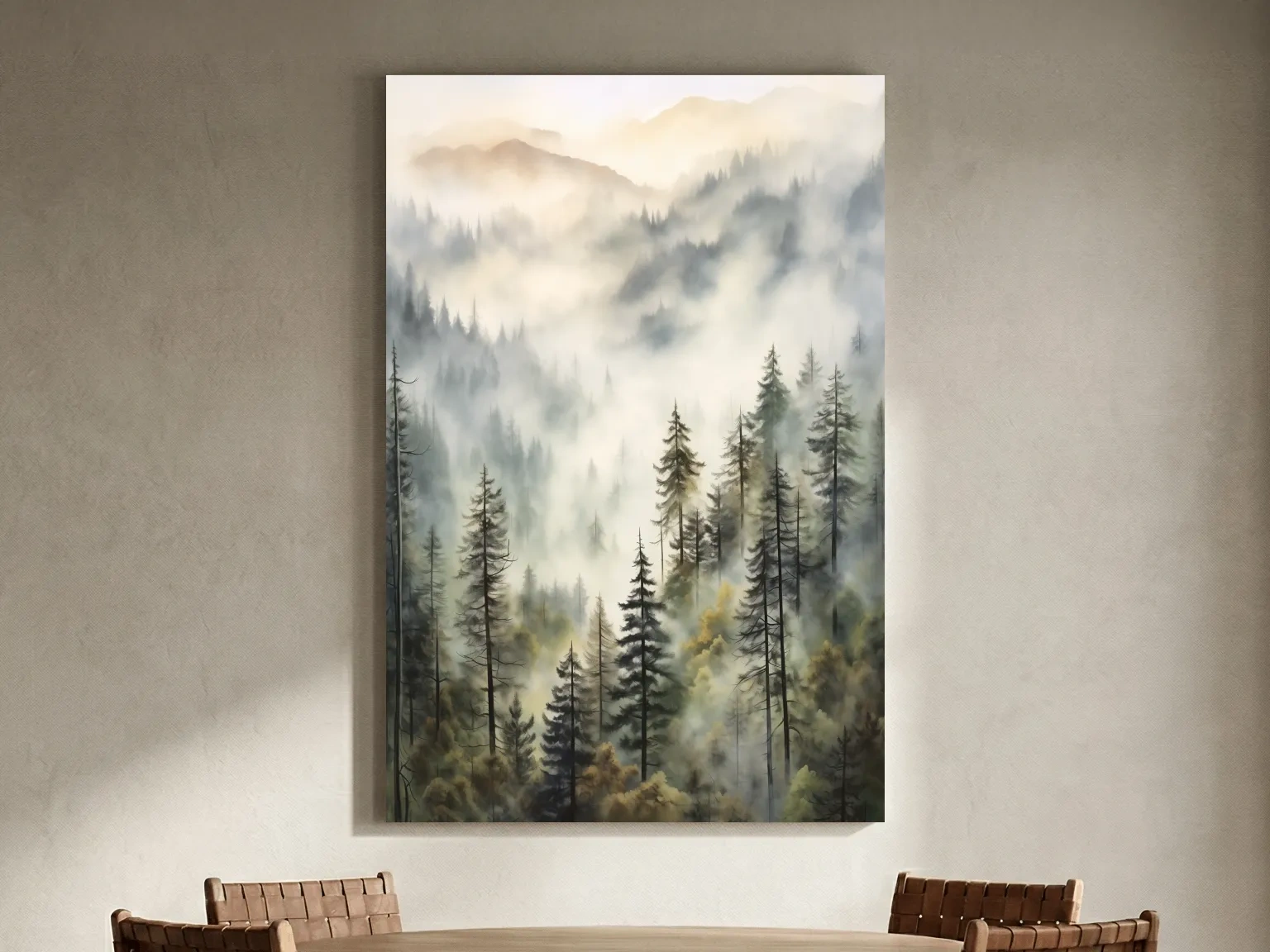 Misty Pine Forest Mountains Watercolor - Serene Foggy Landscape Wall Art