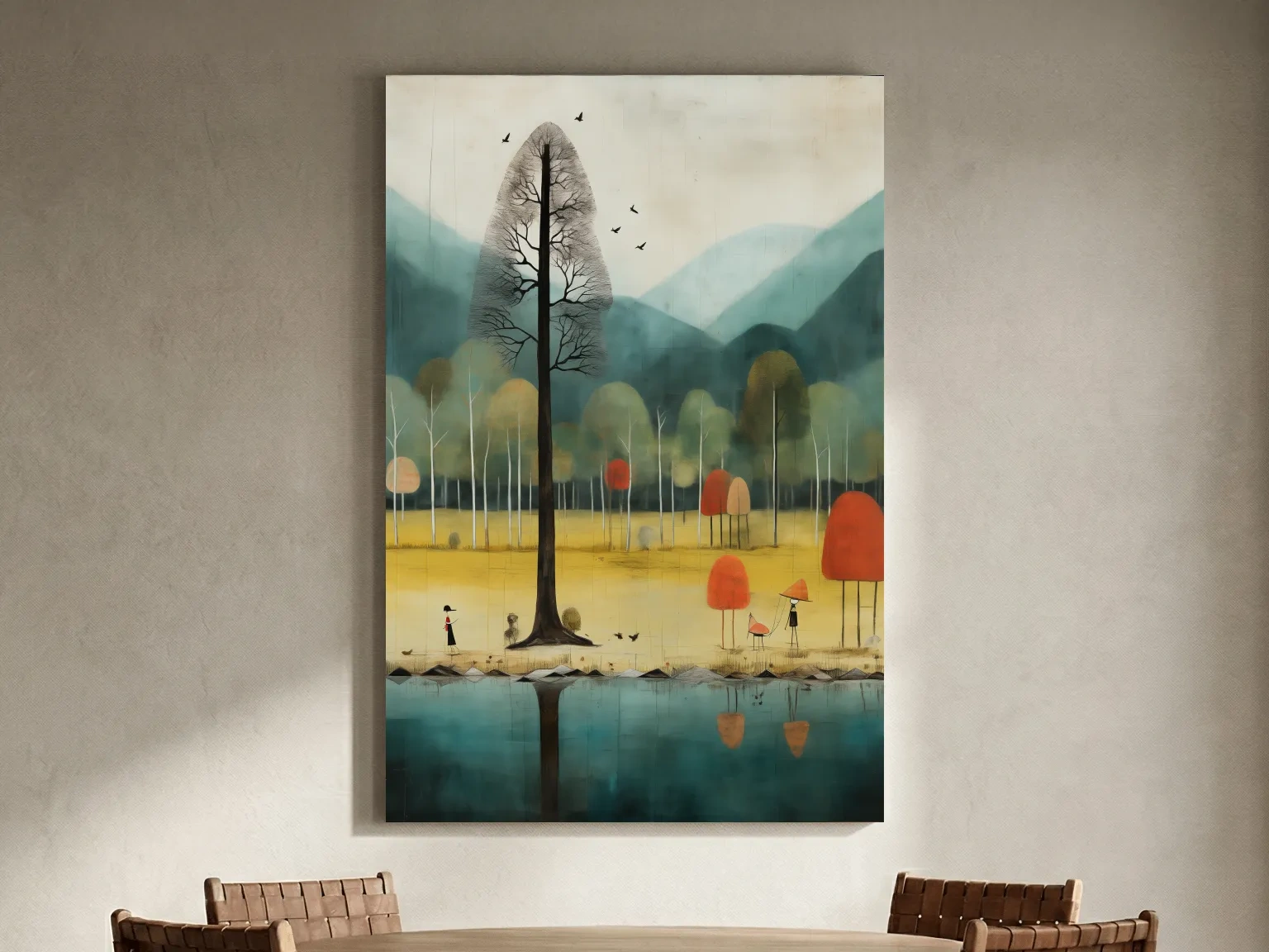 Whimsical Autumn Forest Lake Landscape - Quirky Nature Wall Art