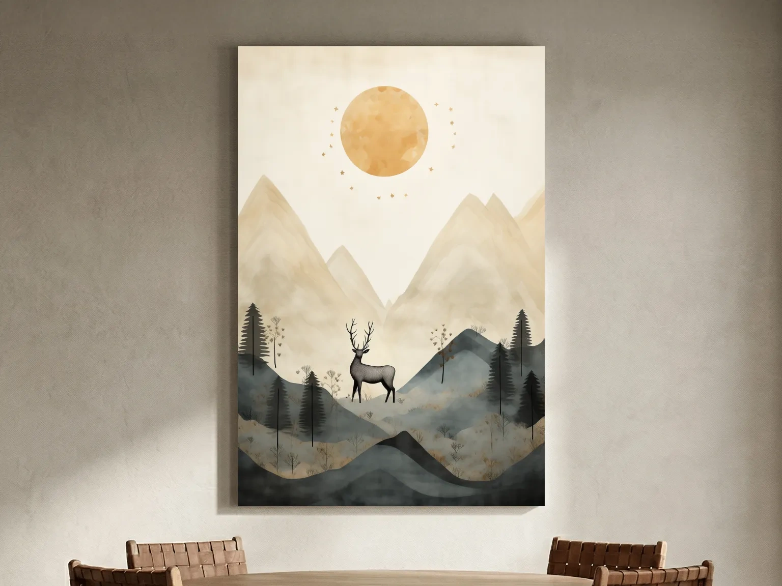 Boho Deer In Misty Mountains - Woodland Landscape Wall Art