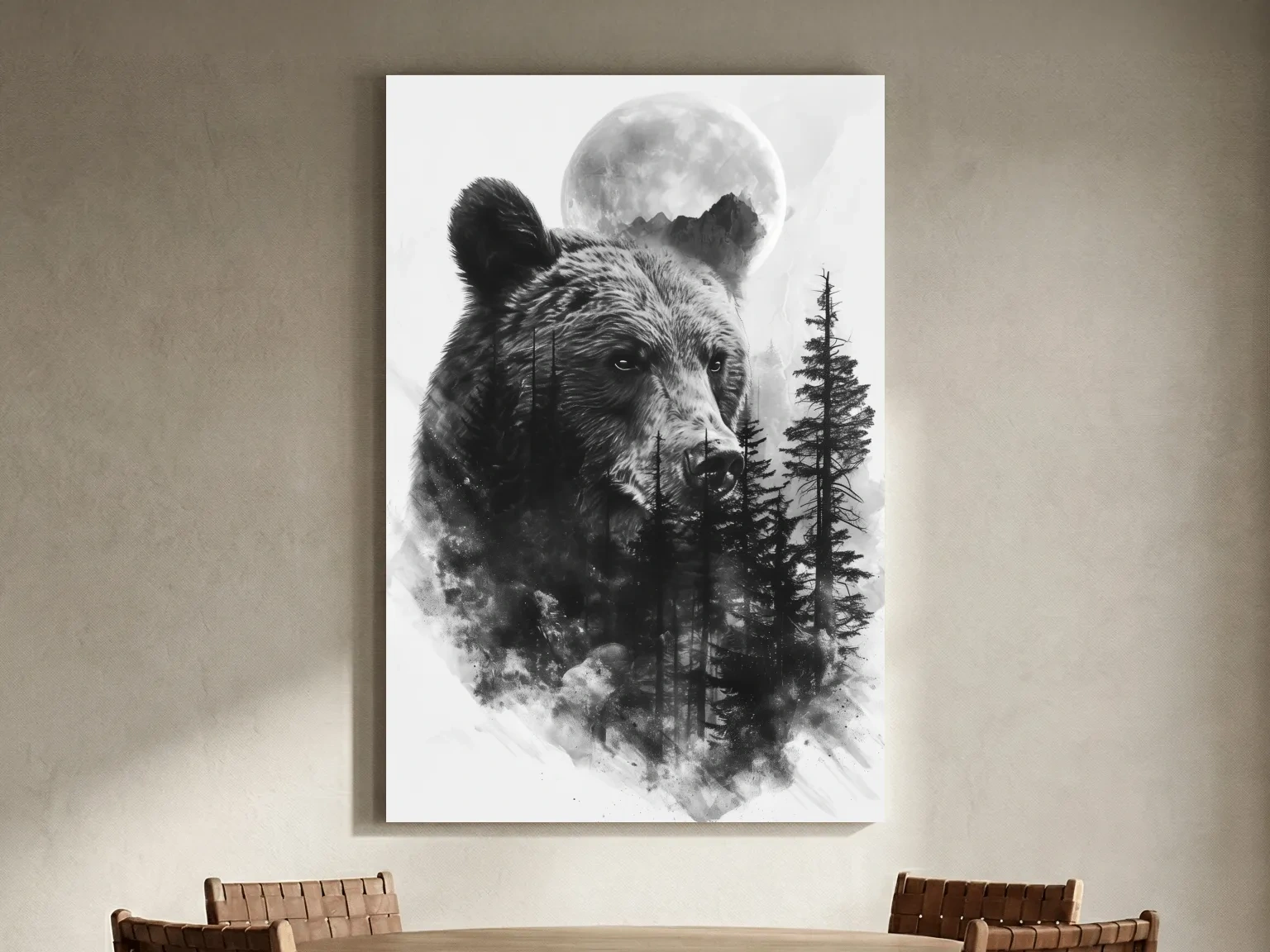 Grizzly Bear Moon Forest Drawing - Black And White Double Exposure Wildlife Wall Art