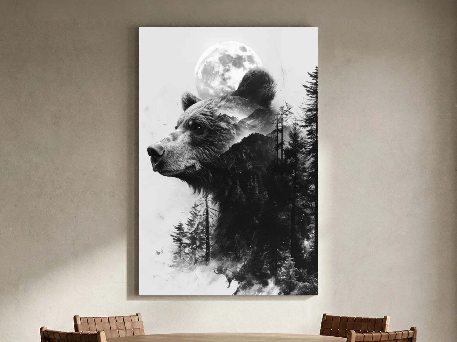 Grizzly Bear Double Exposure Drawing - Moonlit Pine Forest Wildlife Wall Art