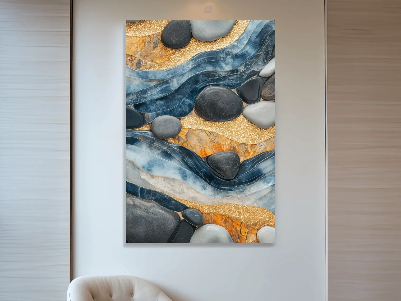 Natural stone and river rock wall artwork, abstract layered design