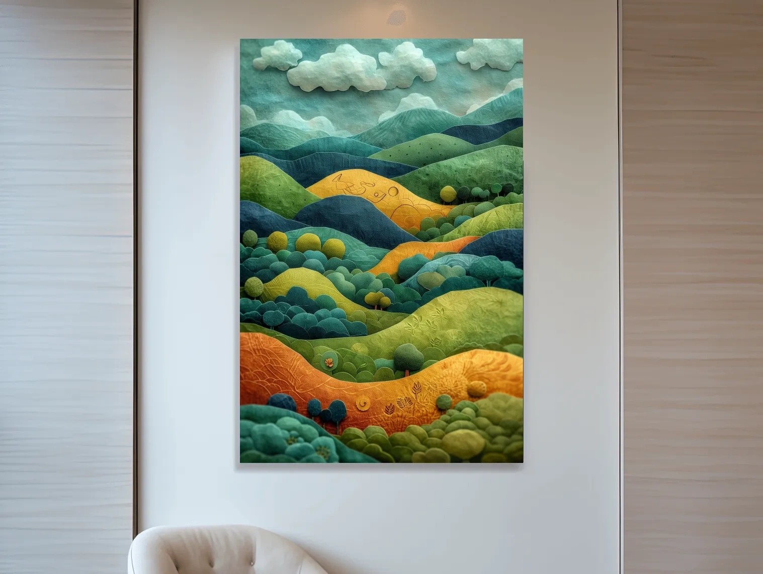 3D Layered Paper Cut Style Mountain Artwork - Whimsical Surreal Landscape Wall Art