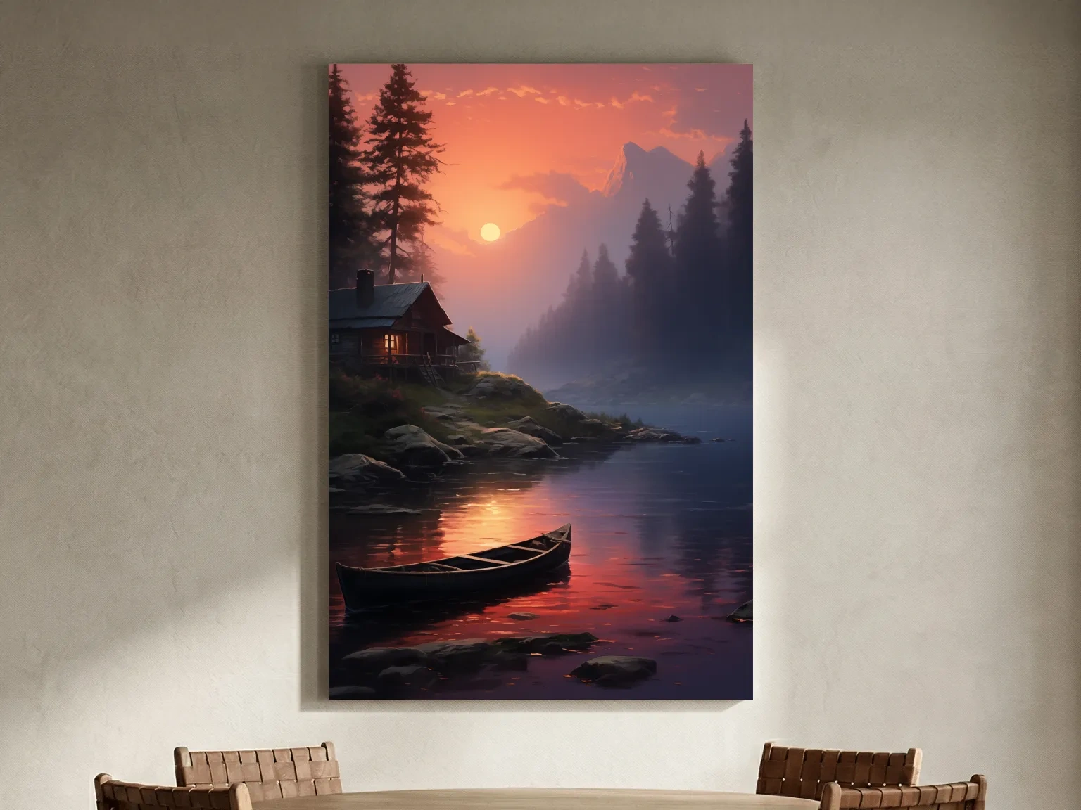 Lakeside Cabin Sunset Landscape - Cinematic Mountain Lake Wall Art